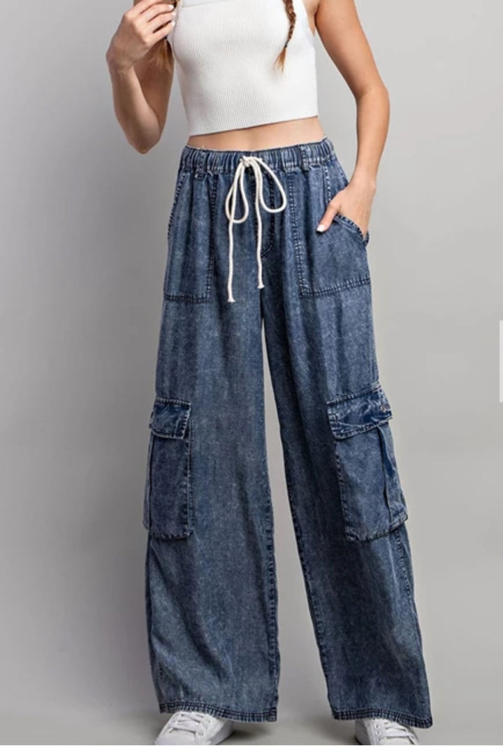 Acid Wash Denim Wide Leg Cargo Pants