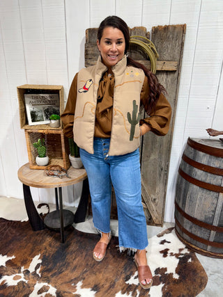 Cowgirl Trail Embroidered Vest – Tan Western Puffer with Cactus & Boot Design