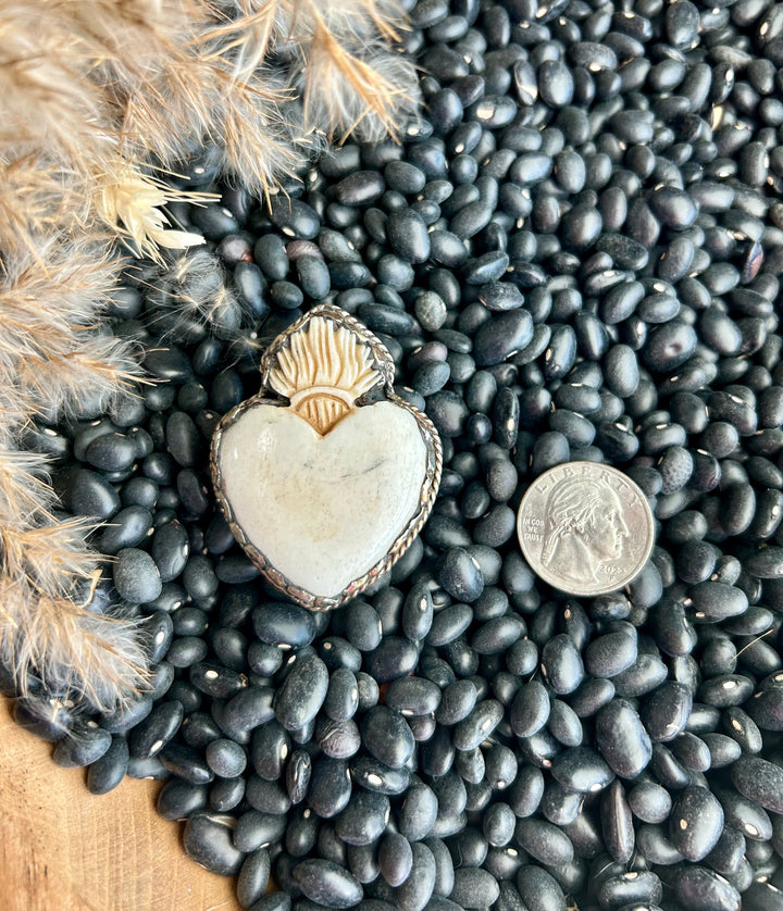 Carved Bone Sacred Heart Ring -   (Adjustable)