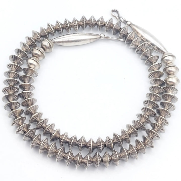18” Fluted Navajo Saucer Sterling Silver Bench Bead Necklace