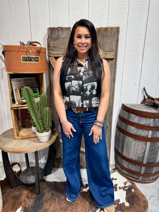 2 Fly Co Hereford Edit Collage Pearl Snap Top | Sheer Western Cow Print Button Down Sleeveless Top