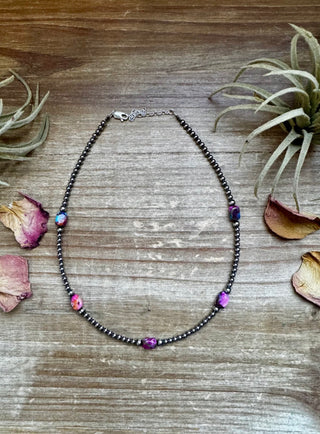 Pink/Purple Mojave Turquoise & Sterling Silver Pearl Necklace – 3mm Navajo Pearls, 14” Choker with 2” Extender