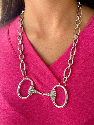 Silver Rhinestone Snaffle Bit Necklace | Equestrian Statement Necklace