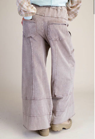 Easel Acid Wash Cargo Lounge Pants – Elastic Waist Wide Leg Pants- Taupe