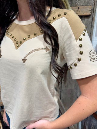Sand Studded Western Boot Stitch Yoke Tee