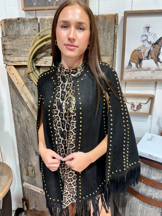 Faux Suede Studded Fringe Cape