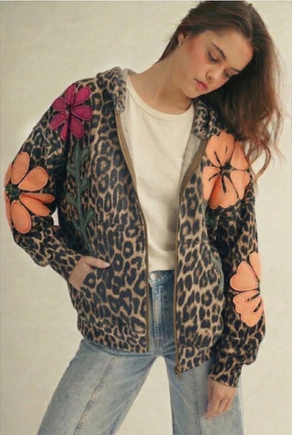 Wildflower Rebel Leopard Flower Appliqué Zip-Up Hoodie