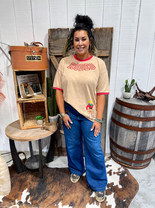 Varsity Rodeo Graphic Tee for Women | Vintage Western Ringer Cowgirl Shirt