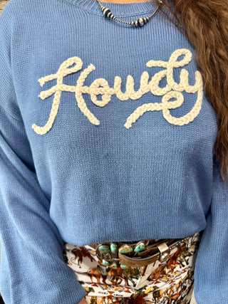 Blue Howdy Western Graphic Bell Sleeve Sweater – Cozy Cowgirl Pullover