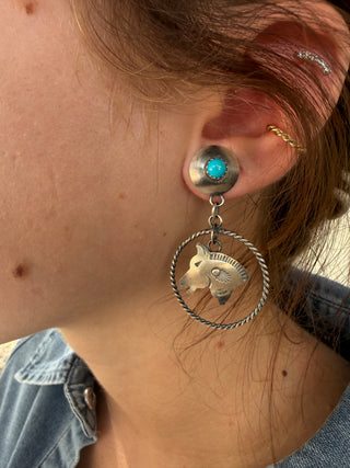 Rolanda Yazzie Turquoise Sterling Silver Horse Hoop Earrings – Native American Made