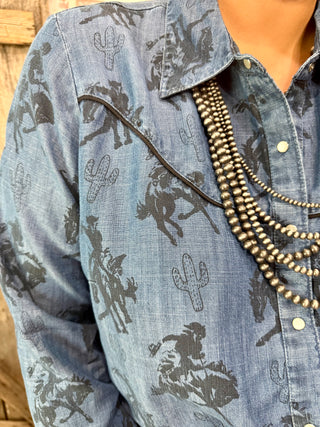 Cowgirl Bronc Rider Print Denim Chambray Shirt – Western Button Down Blouse