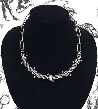 Silver Tone Barbed Wire Chain Necklace | Western Cowgirl Statement Jewelry