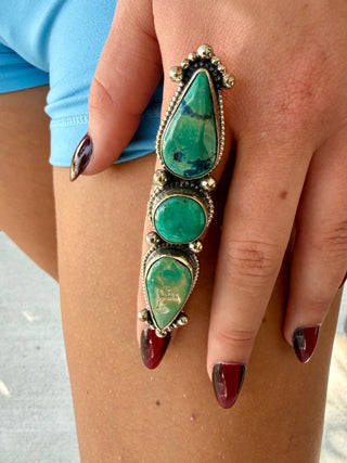 Triple Turquoise Statement Ring | Adjustable German Silver Southwestern Ring