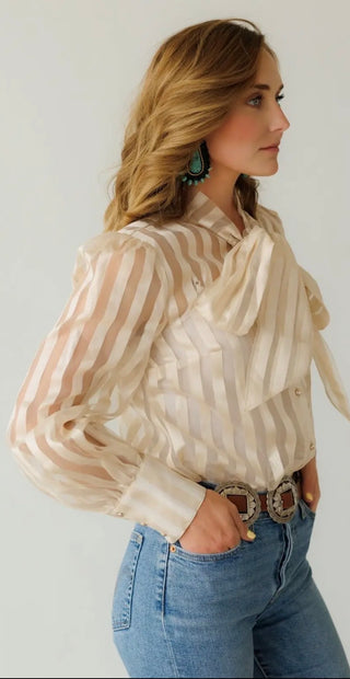 Howdy Hanny Sheer Stripe Bow Blouse for Women | Western Tie Neck Cream Top- Old Money Vibes 