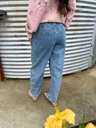 Mid Rise Drawstring Barrel Jeans for Women | Relaxed Fit Lightweight Denim Pants