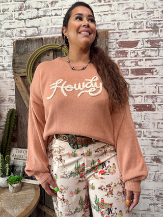 Salmon Howdy Sweater – Western Graphic Cowgirl Pullover