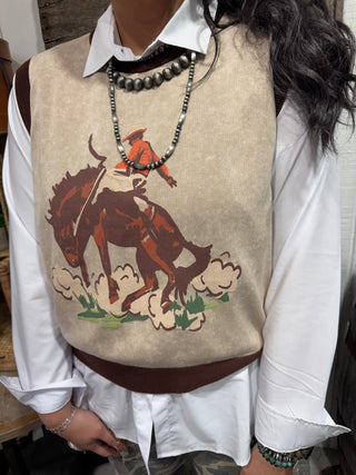 2 Fly “Buck Yeah” Bronc Rider Graphic Sweater Vest | Western Statement Knit