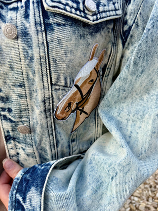 Embroidered detail Vintage Wash Horse Embroidered Cropped Denim Jacket | Western Cowgirl Jean Jacket
