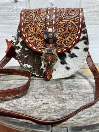 Tooled Leather & Hair-On Hide Crossbody Bag – Western Floral Carved Purse by American Darling