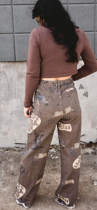 2 Fly Co Chatty Cowboy Wide Leg Front Seam Trousers | Retro Western Graphic Print Jeans