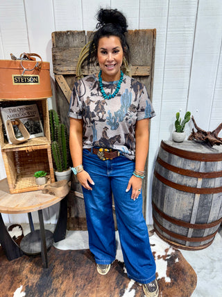 Dust It Off Cowboy Graphic Tee – Western Rodeo Cactus Print Top for Women