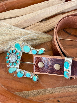Custom Buffalo Nickel Turquoise Belt Buckle Set