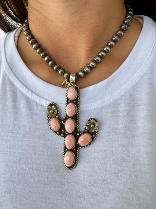 Pink Conch Cactus Pendant | German Silver Western Charm
