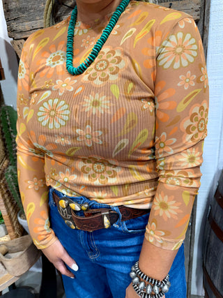 
Retro Floral Mesh Top for Women | Western 70s Print Long Sleeve Cowgirl Layering Top