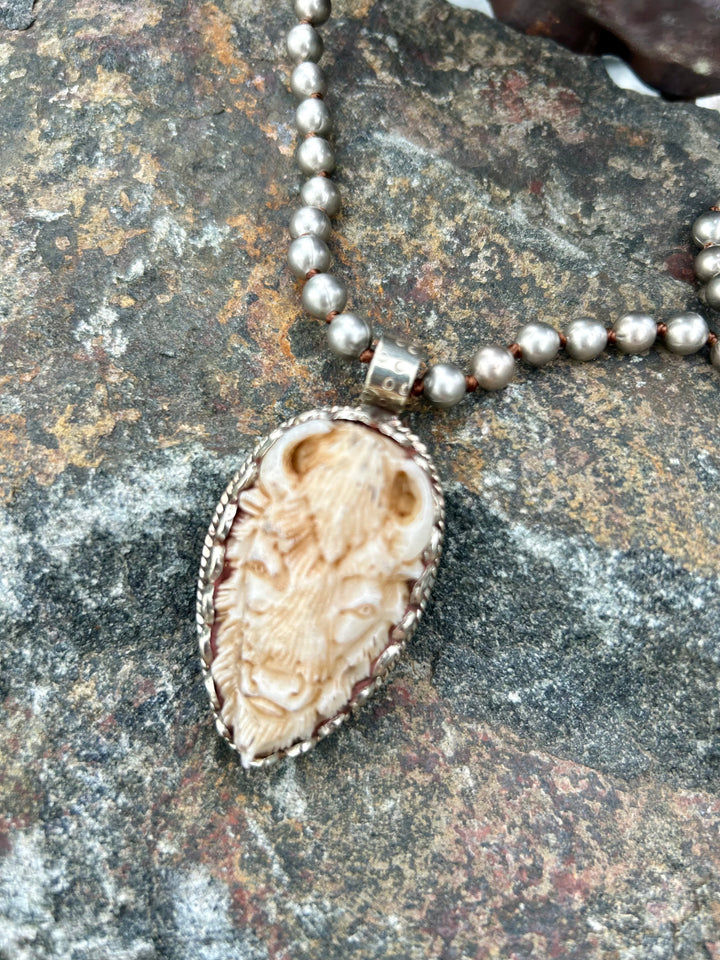 Carved Bone Tibetan Buffalo Necklace