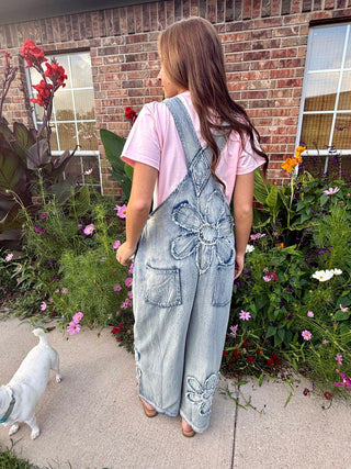 Vintage Flower Patch Denim Overalls | Boho Embroidered Wide Leg Jumpsuit- Restock coming