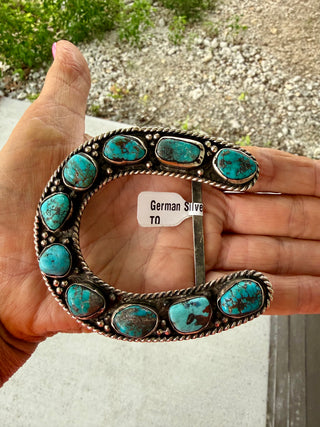 Tibetan German Silver Horseshoe Belt Buckle with Kingman Turquoise | Western Statement Buckle