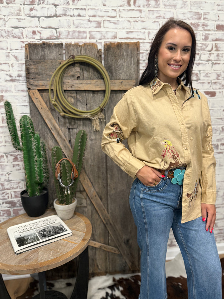 Yippee Ki Yay Embroidered Linen Western Top-Camel