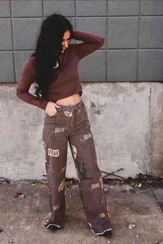 2 Fly Co Chatty Cowboy Wide Leg Front Seam Trousers | Retro Western Graphic Print Jeans