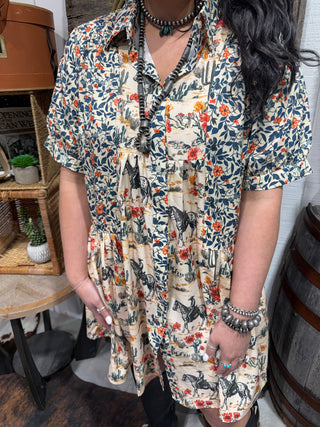 Floral Cowboy Print Shirt Dress | Western Button Down Dress with Horses & Cactus-Turquoise Haven