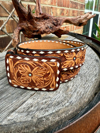 Turquoise Bloom Tooled Leather Belt