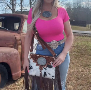 Vegas NFR Vintage Buckle Cowhide Crossbody Bag – Western Tooled Leather Fringe Purse with Adjustable Strap & Clutch Option
