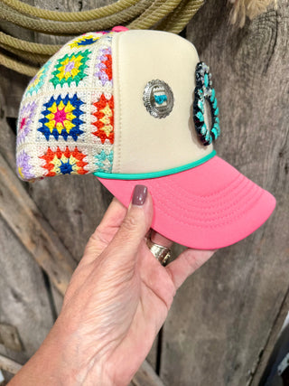 Bougie Turquoise Naja Granny Square Crochet Trucker Hat