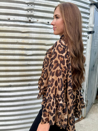 Leopard Print Chiffon Bow Tie Blouse | Flowy High Low Ruffle Hem Statement Top