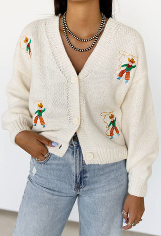 Roping Cowboy Embroidered Knit Cardigan | Western Button Front Sweater