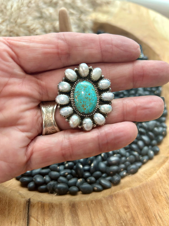 Sterling Silver Adjustable Ring -Mother Of Pearl/Turquoise
