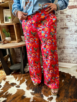 Yeehaw Red Western Print Wide Leg Pants – Cowgirl Rodeo Graphic Trousers