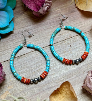 Variscite & Orange Spiny Oyster Statement Hoop Earrings