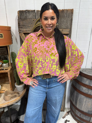 Lime Green & Pink Jacquard Floral Velvet Puff Sleeve Top Blouse -Western Dressy Top
