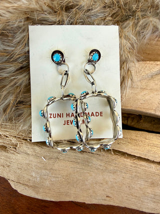 Zuni Turquoise Sterling Silver Hoop Earrings- Native American