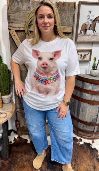 Bling Bling Show Pig Graphic Tee – Western Cowgirl Pig Shirt with Rhinestone Jewel Necklace