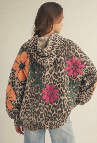 Wildflower Rebel Leopard Flower Appliqué Zip-Up Hoodie