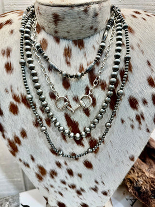 4 strand Layered Navajo Style Pearl & Silver Horse Snaffle Bit Chain Necklace Set