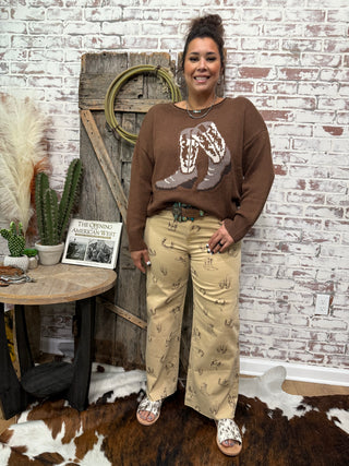 Cowgirl Sketch Denim Capris-Khaki