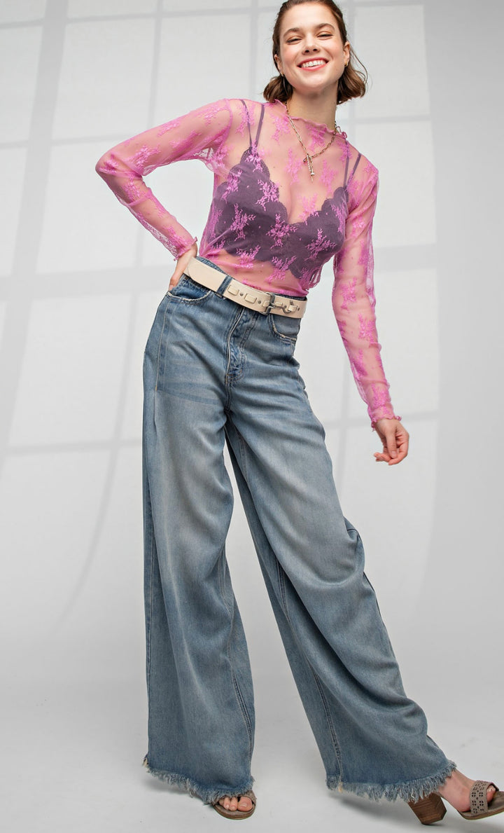 Easel SOFT WASHED WIDE LEG HIGH WAISTED DENIM PANTS