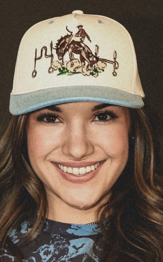 A Bit Western Trucker Hat | Cream Rodeo Bronc Cowgirl Cap with Light Denim Blue Bill